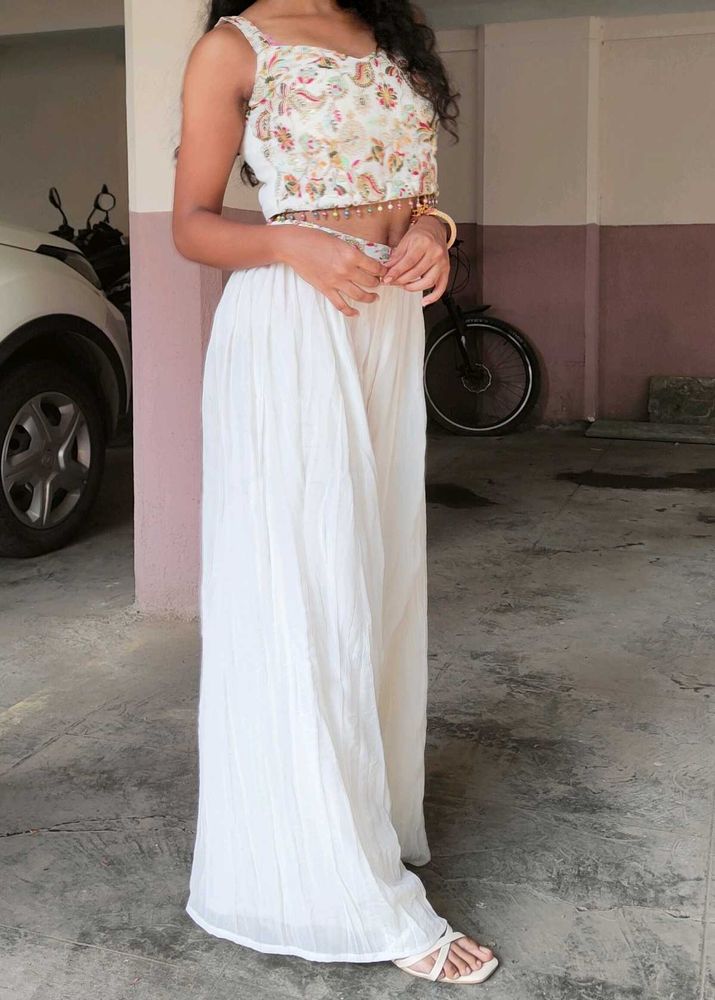White Embroidered Crop Top with Palazzo