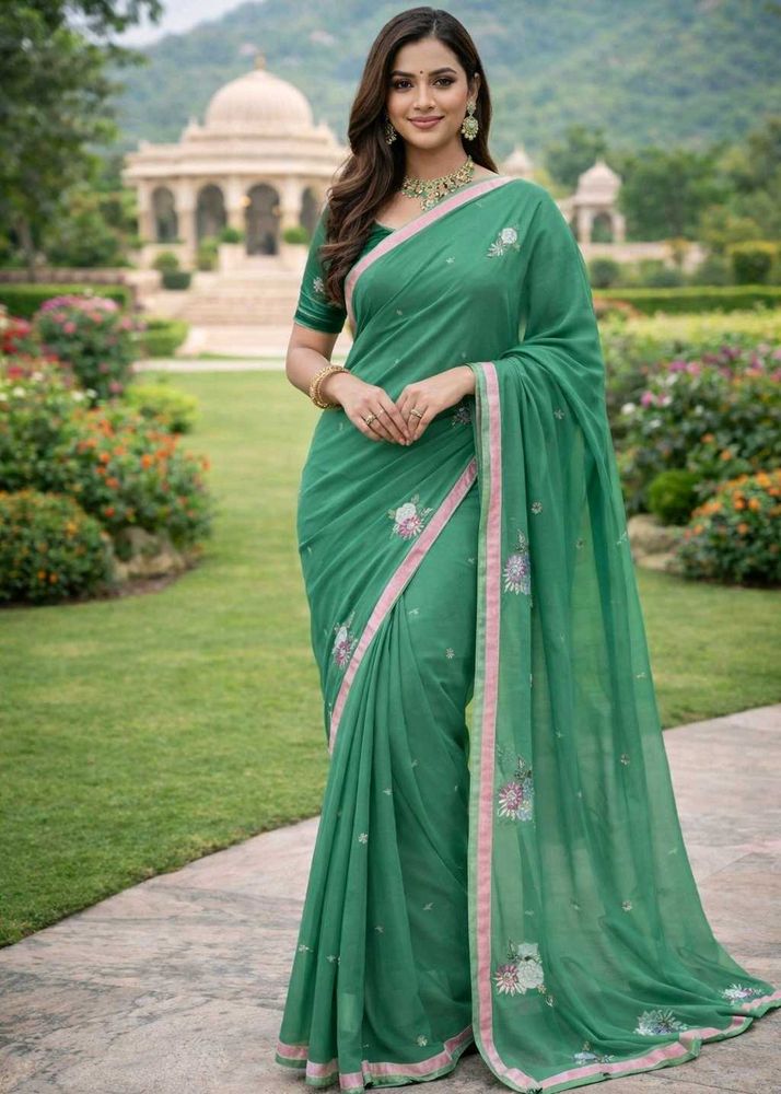 Elegant Green Floral Saree(with blouse)