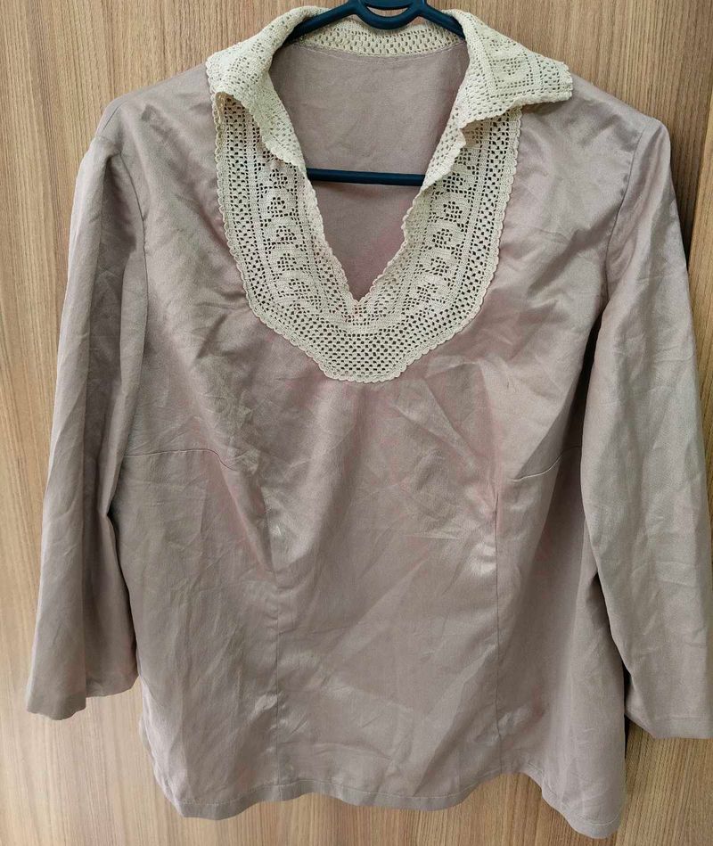 Dusty Pink Blouse with Crocheted Lace Collar