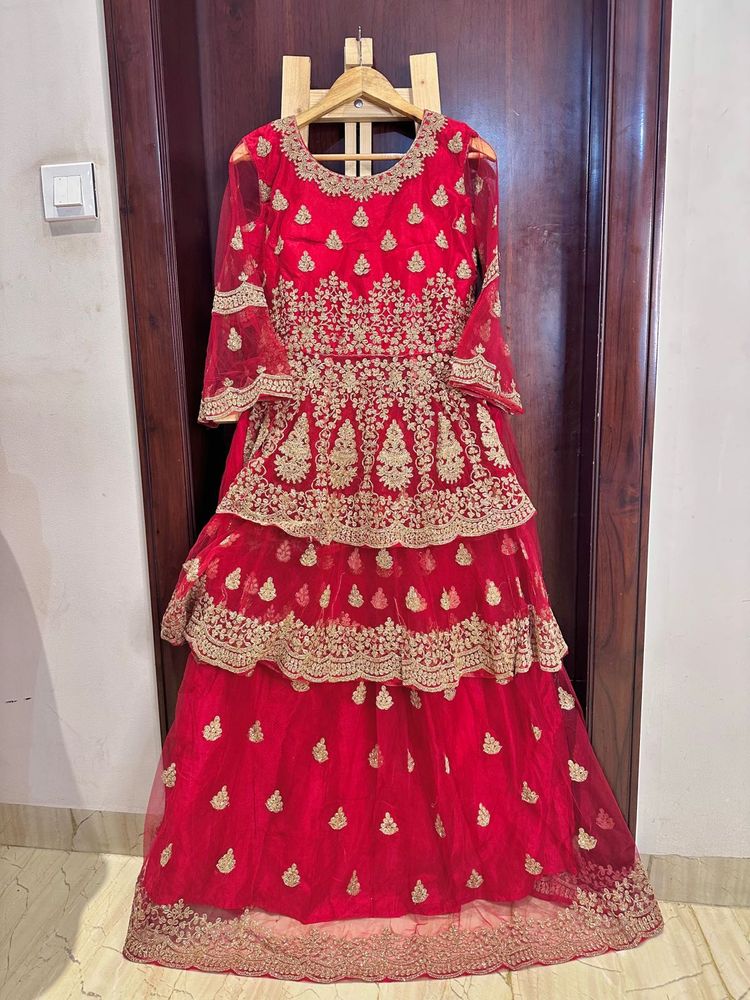 Red Embroidered Frock Style Lehngha Choli