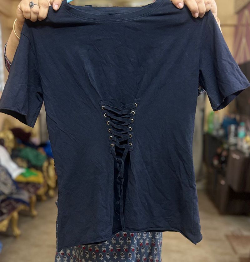 Corset Style Stylish Black Lace-Up T-Shirt