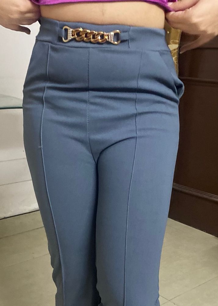 Stylish Blue Chain Detail Trousers