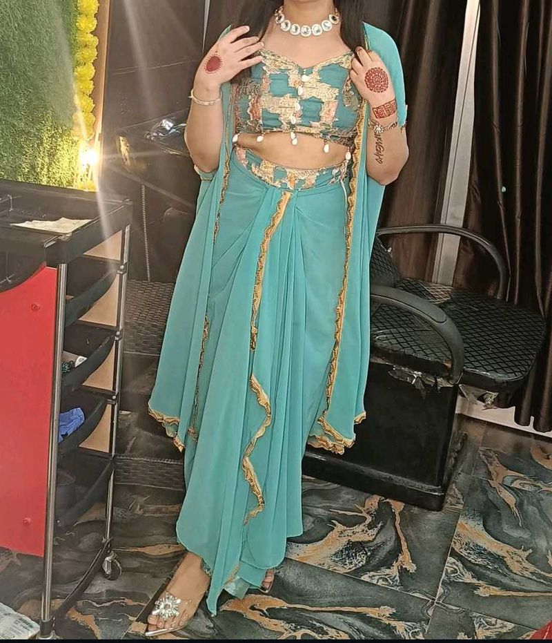Drape Skirt And Crop Top With Long Shrug