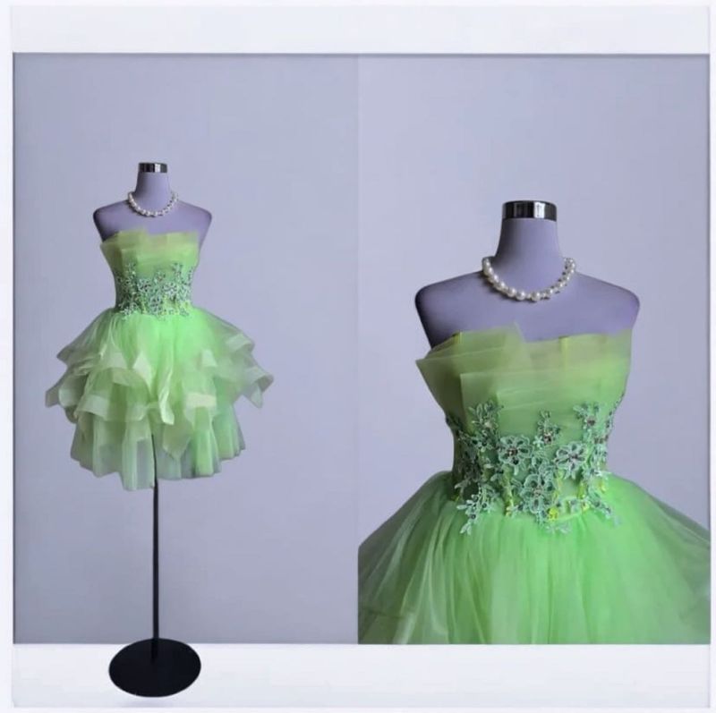 Green cocktail dress cascading ruffles strapless s