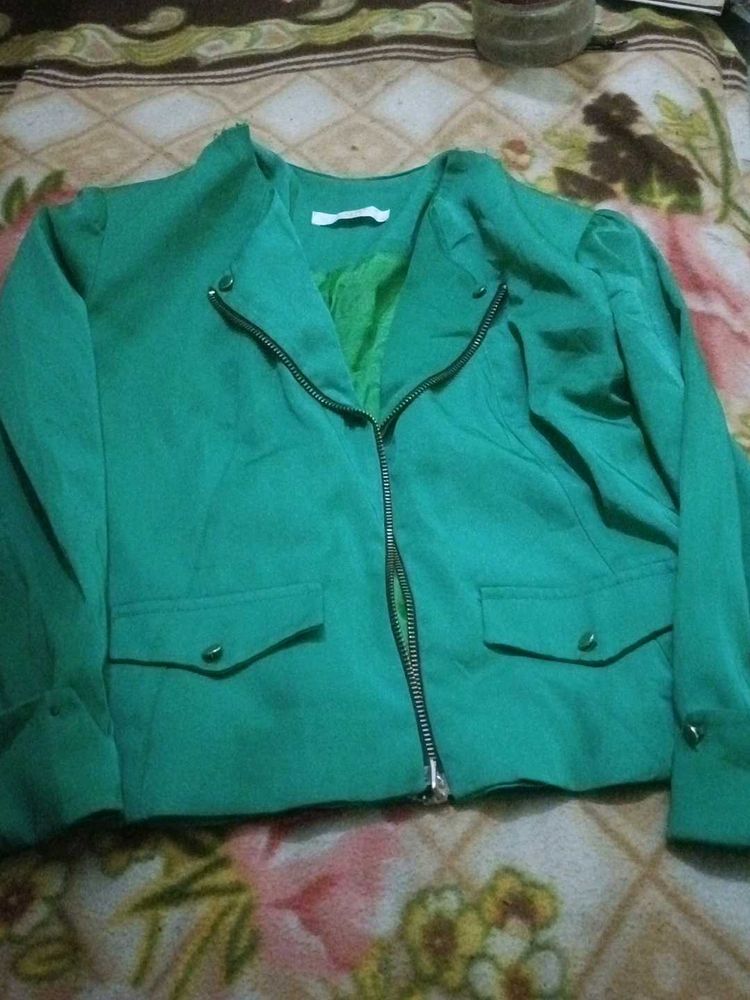 Green Cropped Biker Jacket