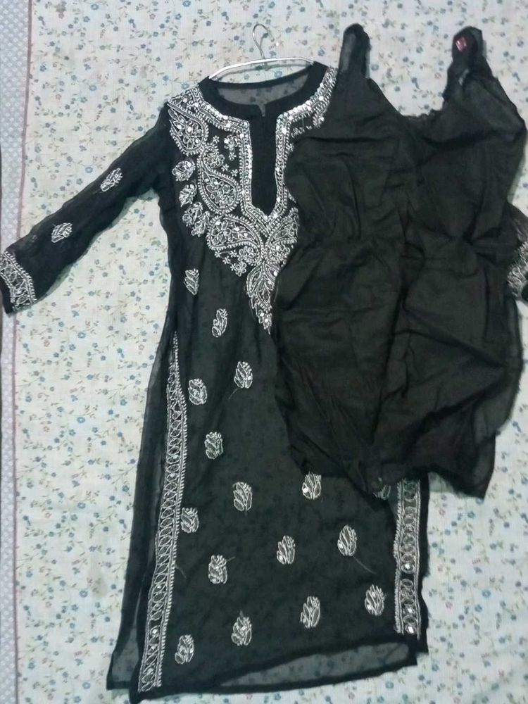 Black Chikankari Kurti With Mirror Work