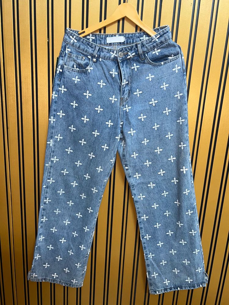 Patterned Wide Leg Jeans