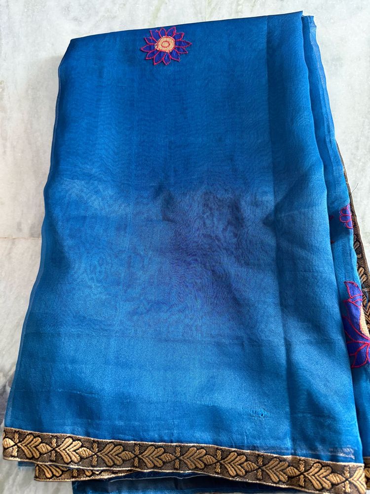 Blue Embroidered Saree With Stitched Blouse