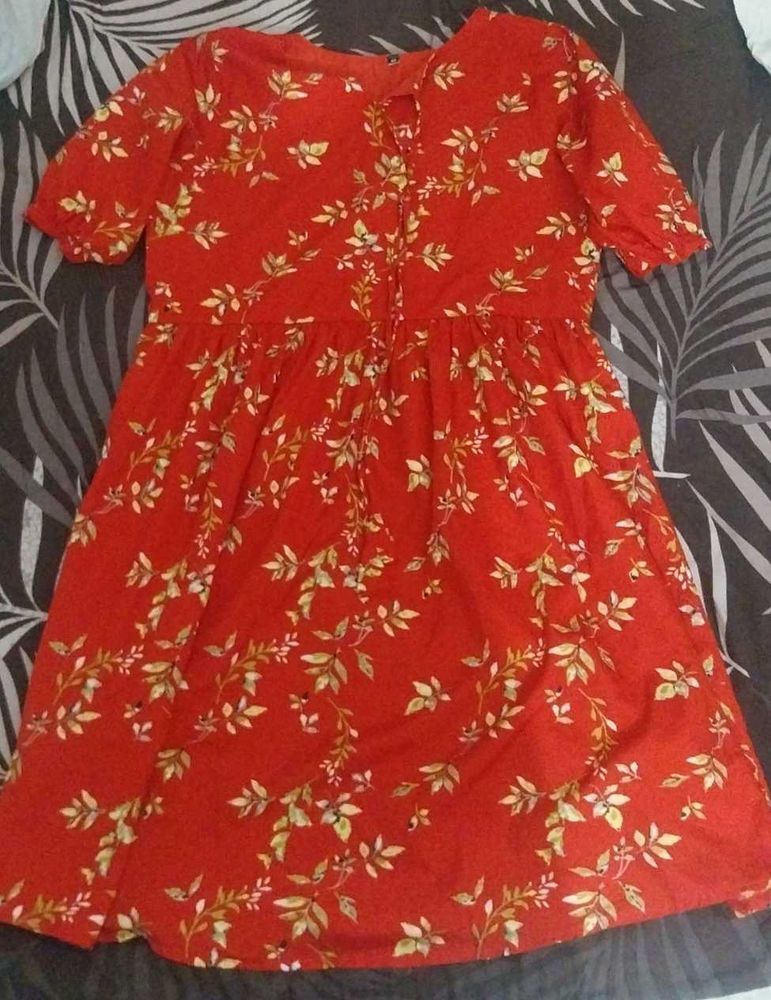 Western Wear Red Floral Dress For Women Casualwear