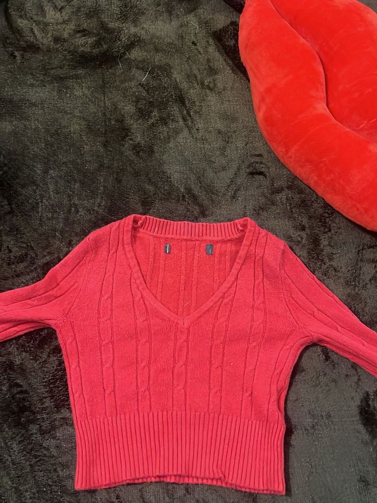 Red V-Neck Knit Sweater