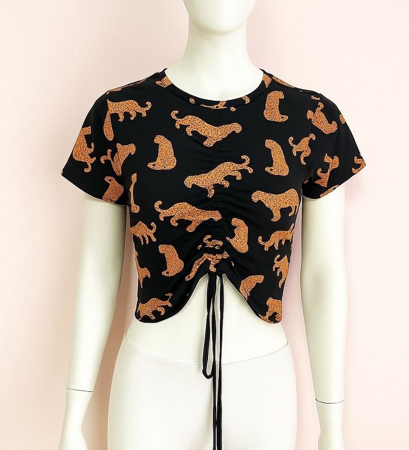 Leopard Print Cropped Drawstring Tee