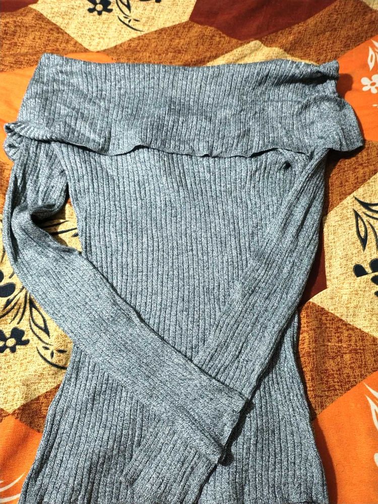 Gray Off-the-Shoulder Knit Top