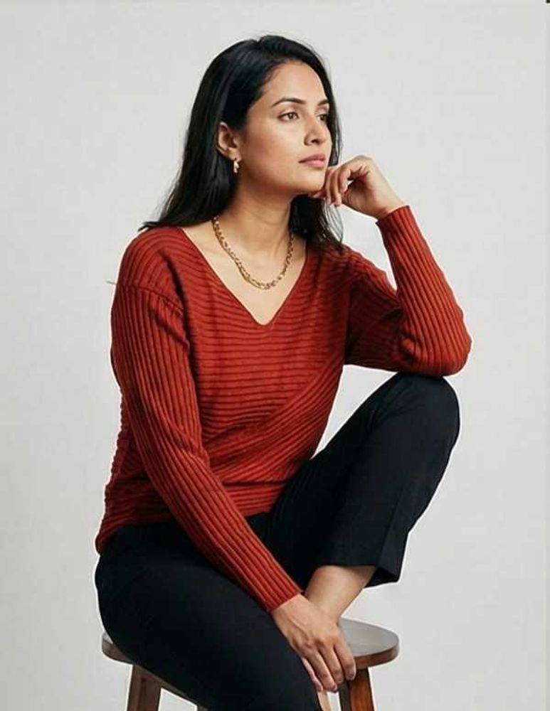Cotton Red Ribbed Turtleneck Sweater Top Women