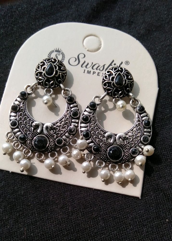 Peacock Oxidised Earrings With Pearl Drops