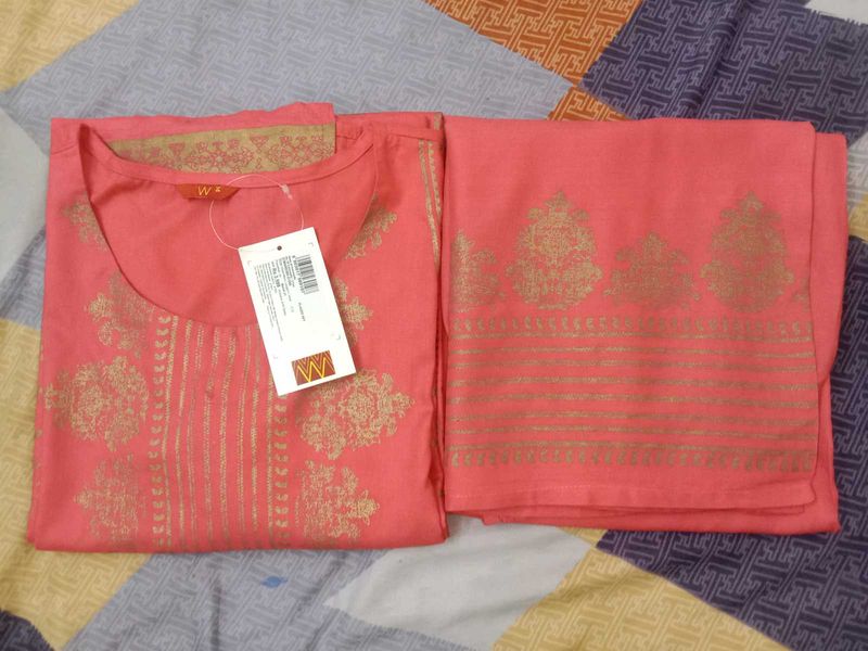 New Coral &amp; Gold Print Kurti Plazo Set