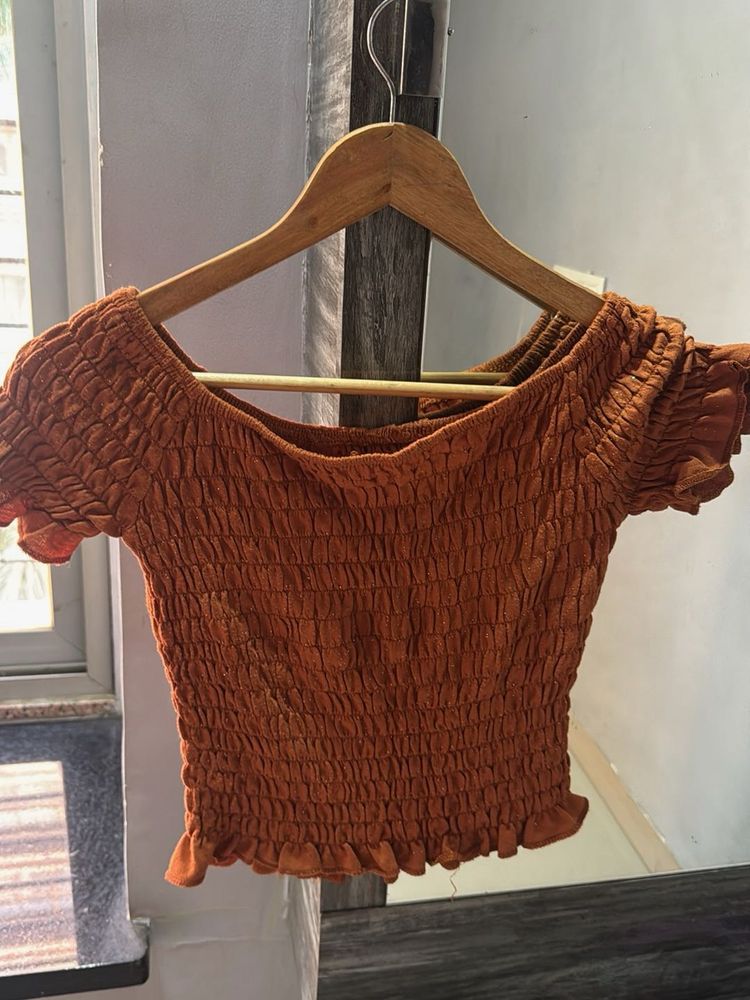 Brown Shirred Crop Top