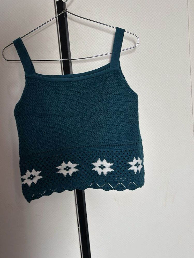 Teal Knit Tank Top with Floral Detail