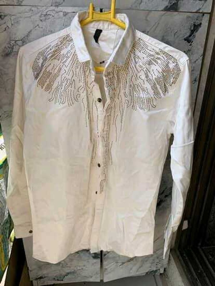 White Designer Shirt with Golden Stud Deta