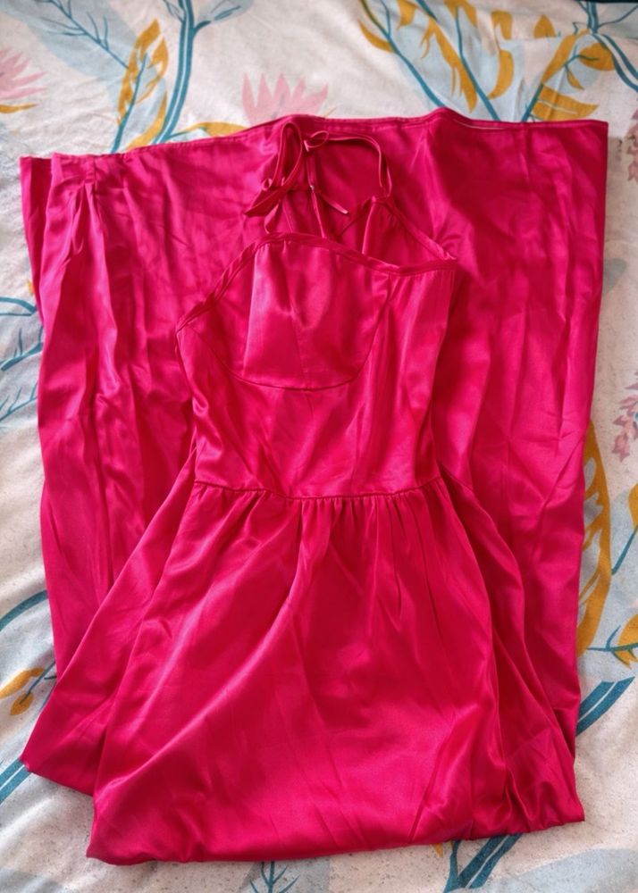 Pink Satin Dress With Matching Scrunchie