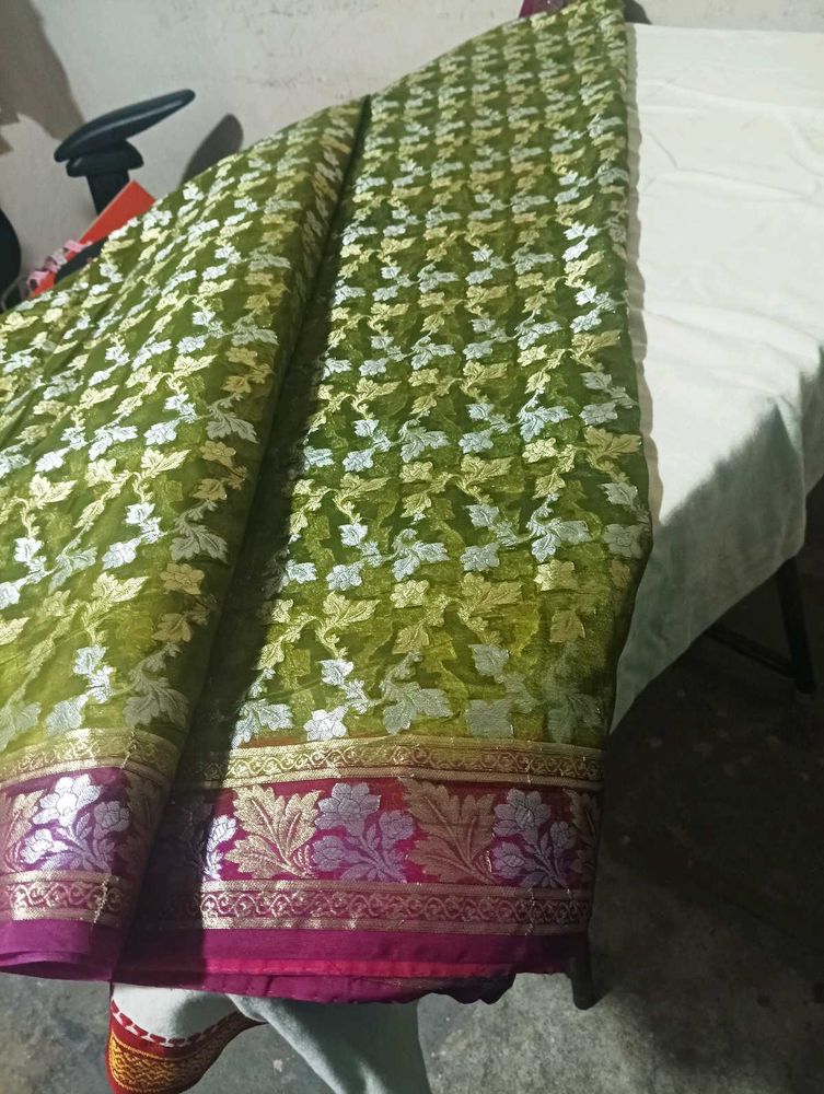 Green Floral Saree with Embellished Border