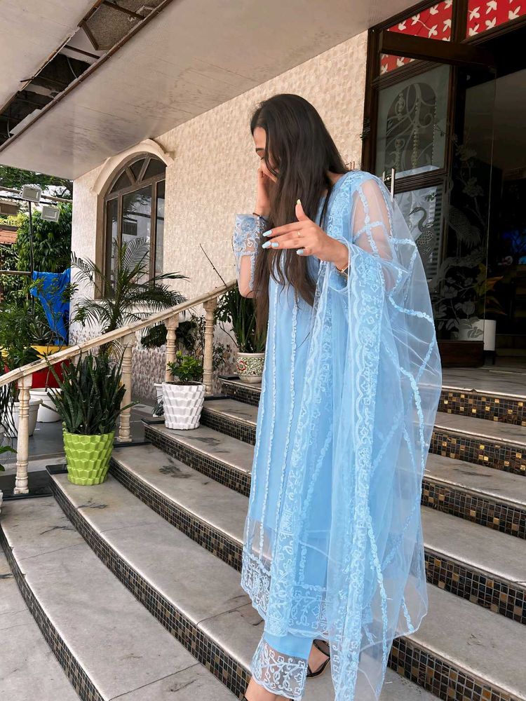 On Sale💥Sky Blue Net Embroidered Kurta Set