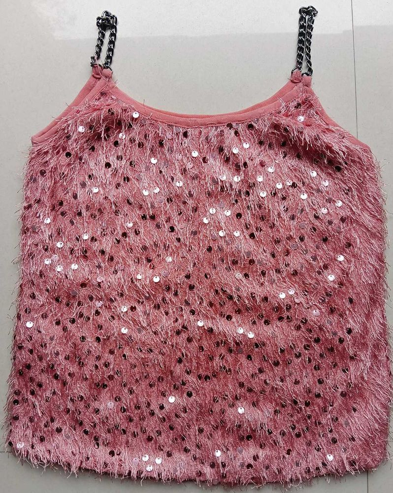 Pink Fringe Sequin Chain Strap Tank