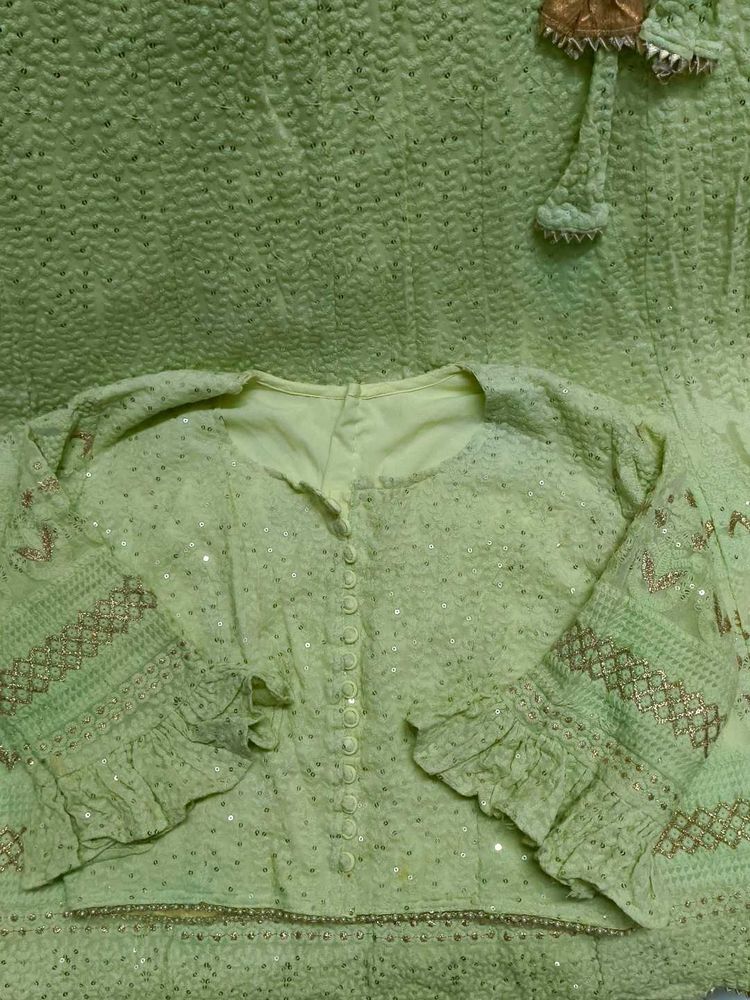 Lime Green Lehenga (Crop Top And Bottom)