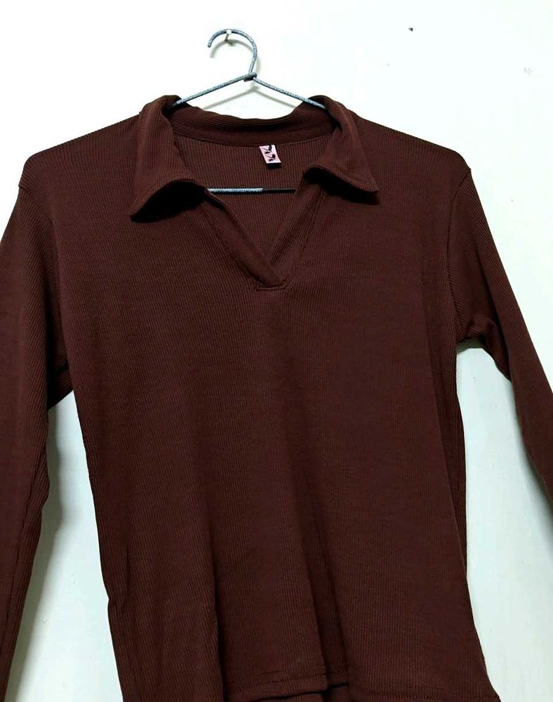 Brown Ribbed Long Sleeve Top
