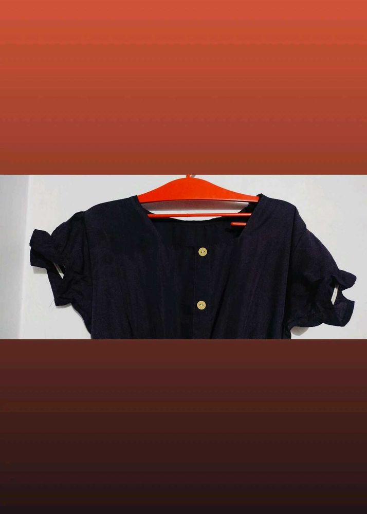 Navy Button-Front Dress with Tie Sleeves