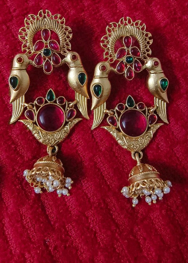 Gold Tone Peacock Jhumka Earrings