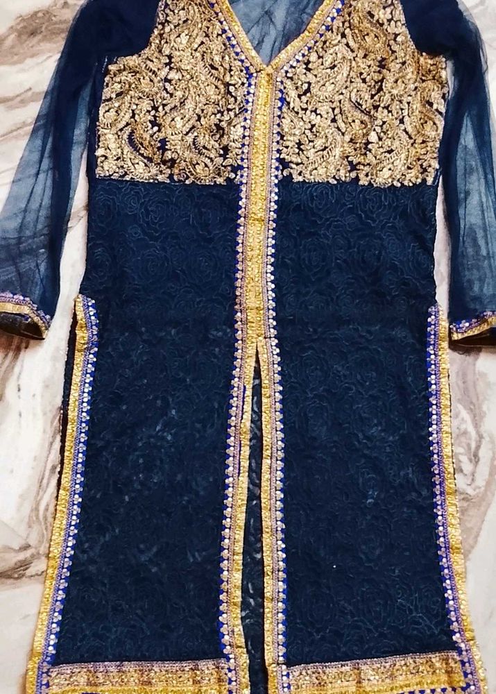 Elegant Navy &amp; Gold Embroidered Kurti Sharara Set