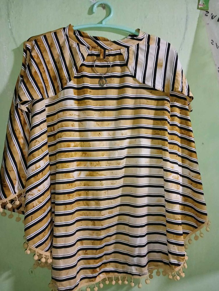 Striped Pom-Pom Trim Top
