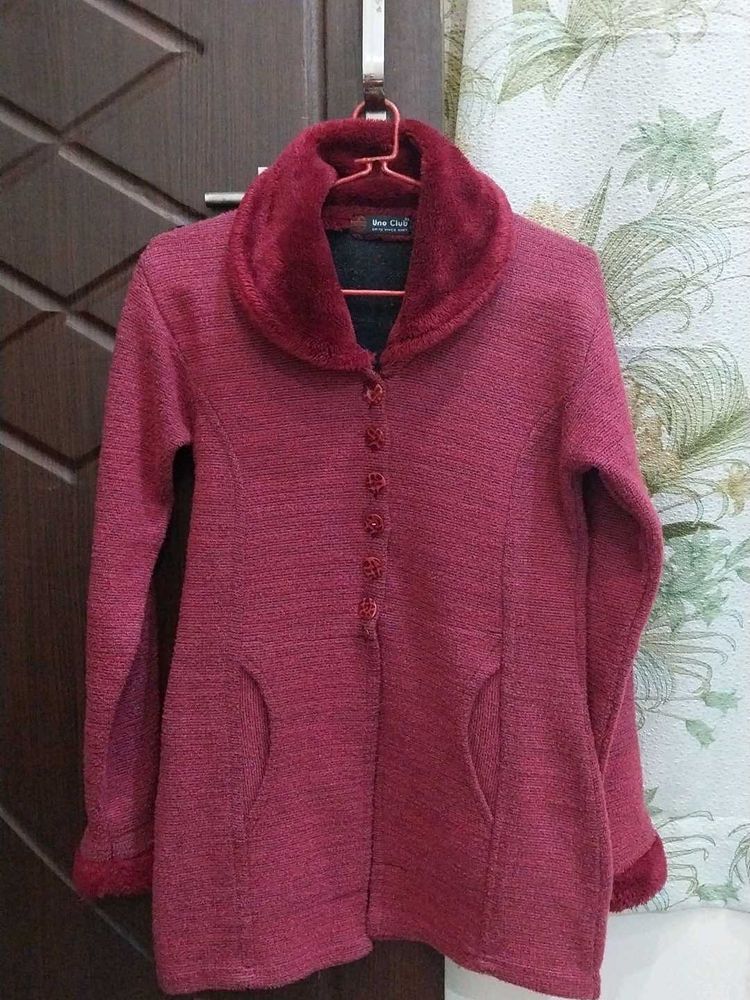 Burgundy Coat with Faux Fur Collar