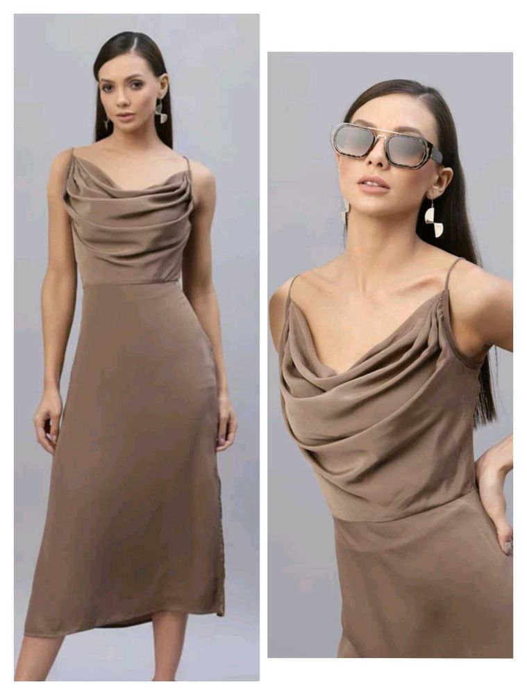 With Tag Elegant Brown Cowl Neck Dress