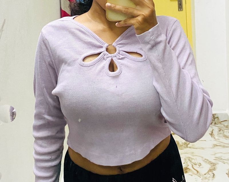 Lavender Ribbed Cut-Out Crop Top – Long Sleeve