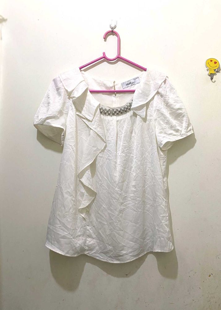 Elegant White Pearl Ruffled Top Bust 34