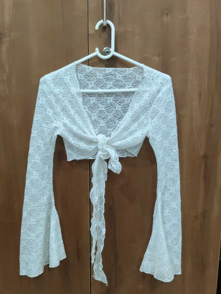 NewMe White Lace Tie Up Detail Crop Top