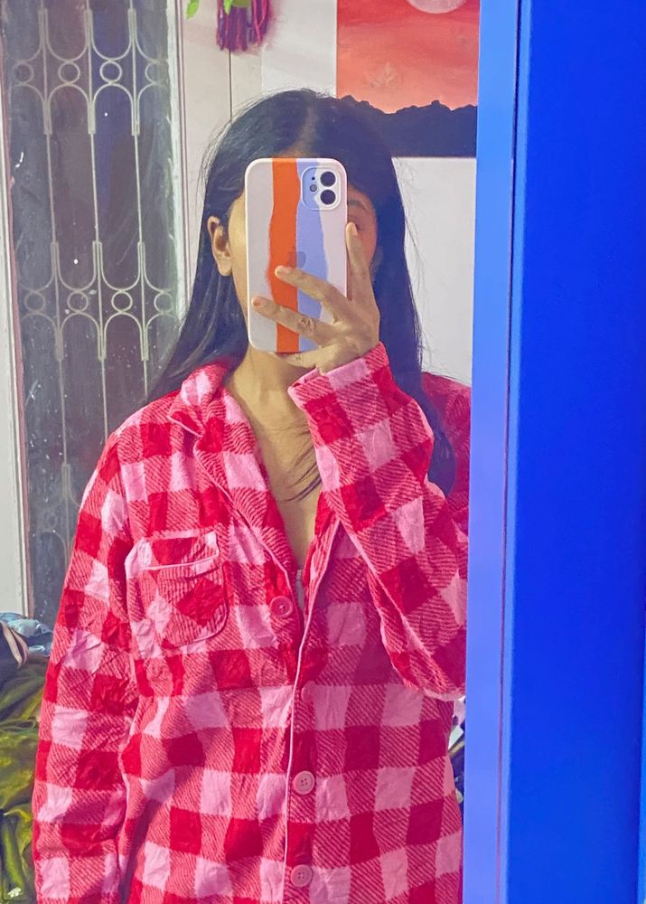 woolen Pink Plaid Sleep Shirt  🎅  ❤️🌿