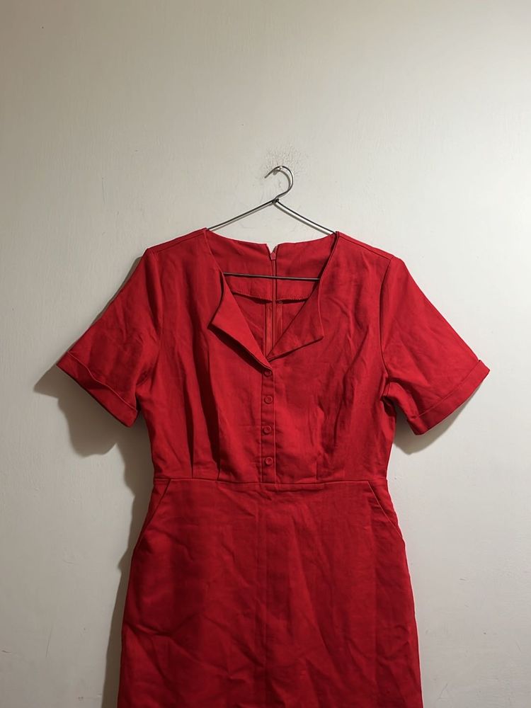 Linen Red Dress With Pockets