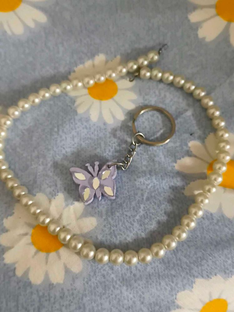 Butterfly Charm Keychain &amp; pearl necklace