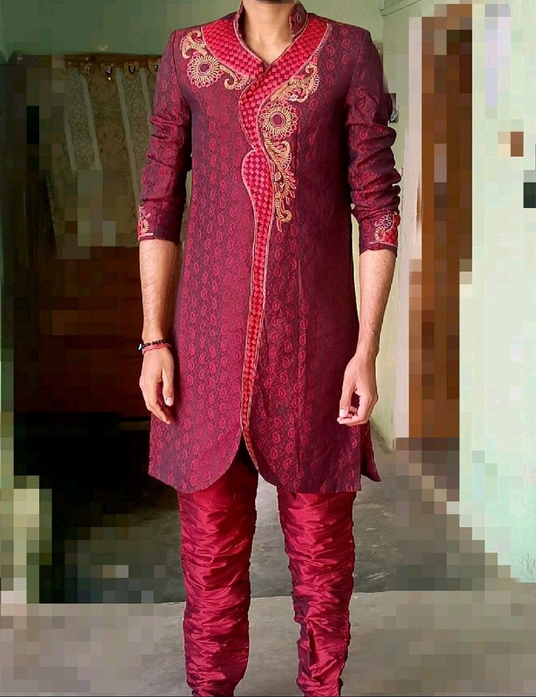 Maroon Colour Mens Sherwani with Chudidar Payjami