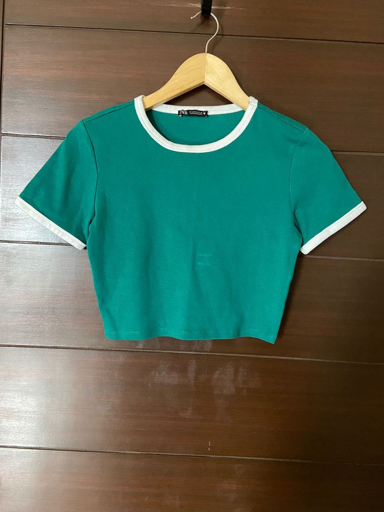 Zara (Original)Green Crop Top with White Trim (S)
