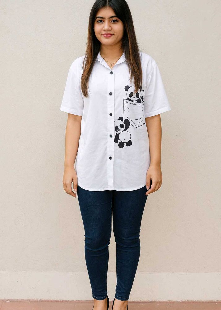 ✨️Elegant white polyester shirt with playful panda