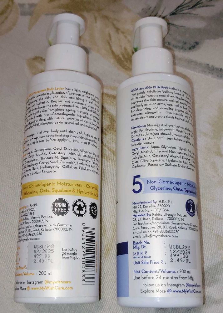 WishCare Body Lotion Duo Combo Used 40% Left Both