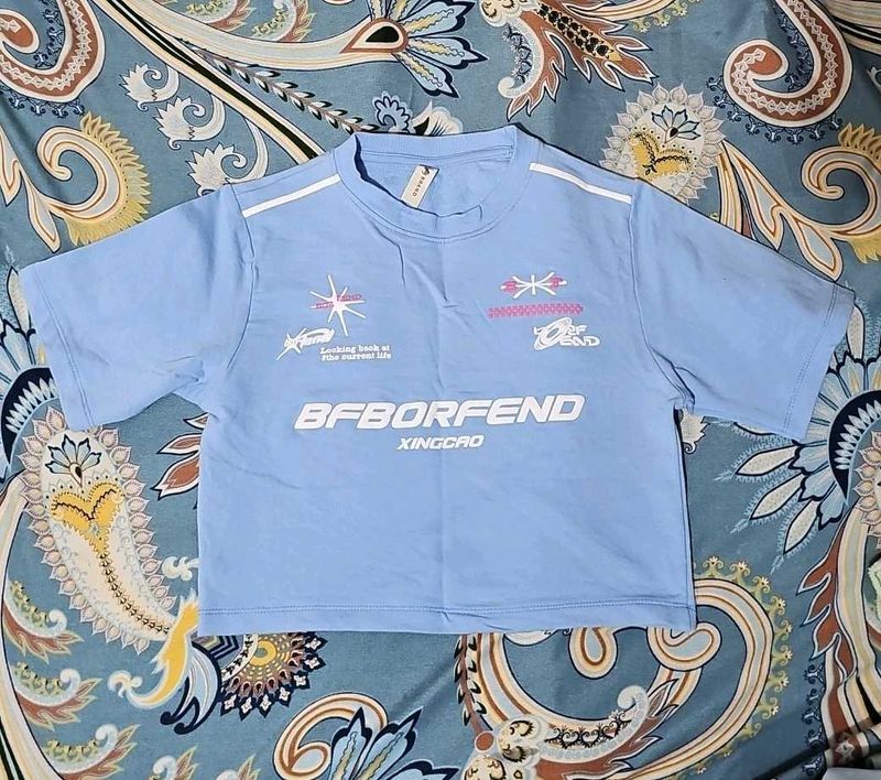 Blue Graphic Print Crop Top