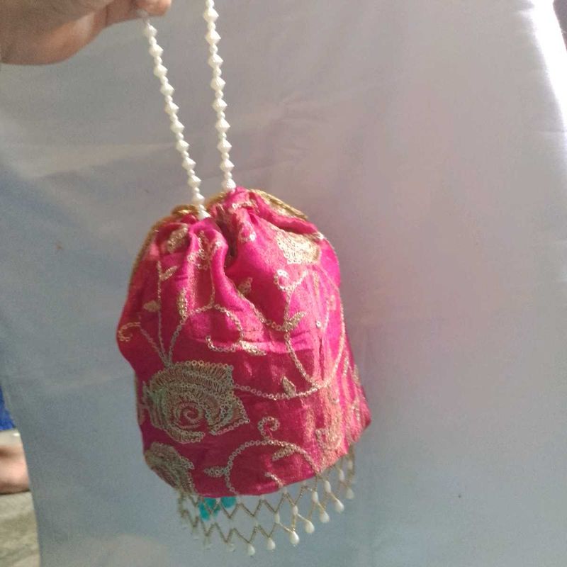 Pink &amp; Gold Embellished Potli Bag