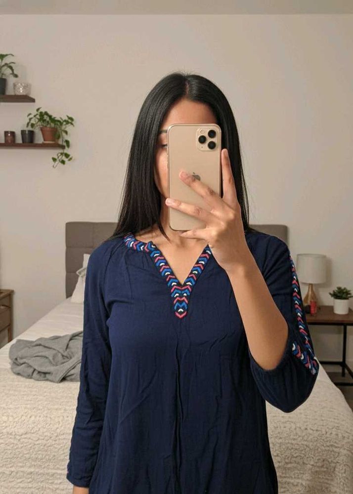Navy Embroidered Tunic Top