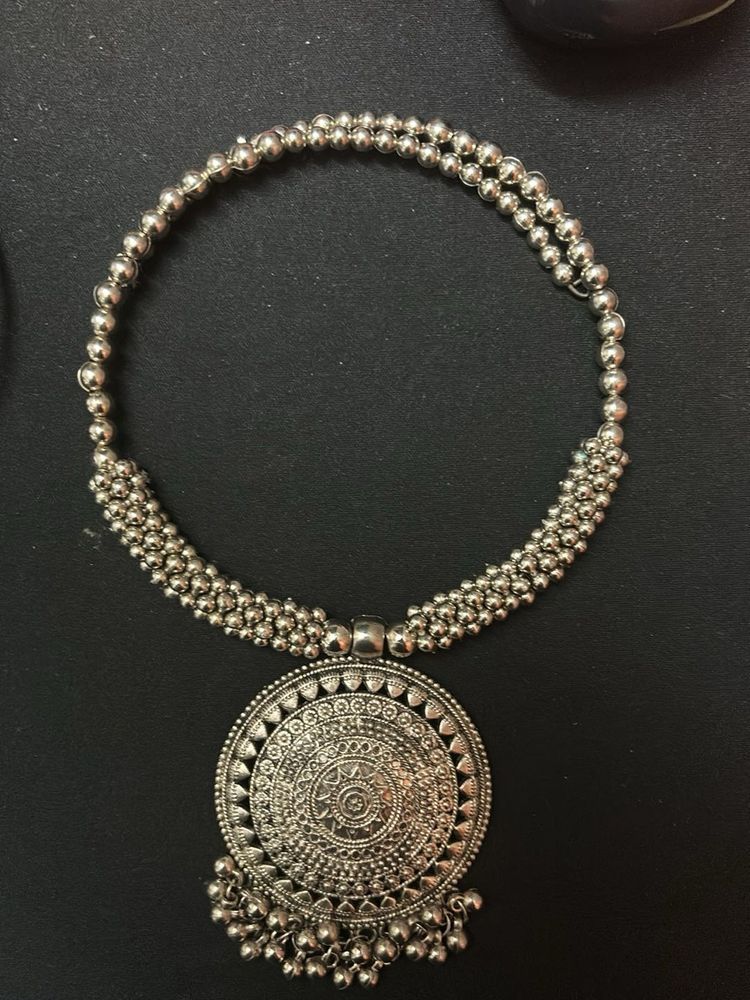 Boho Silver Tone Pendant Necklace