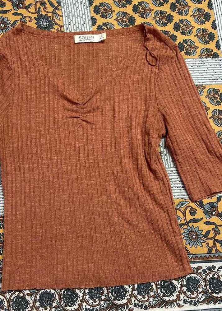Sanfu Rust Ribbed Knit Top