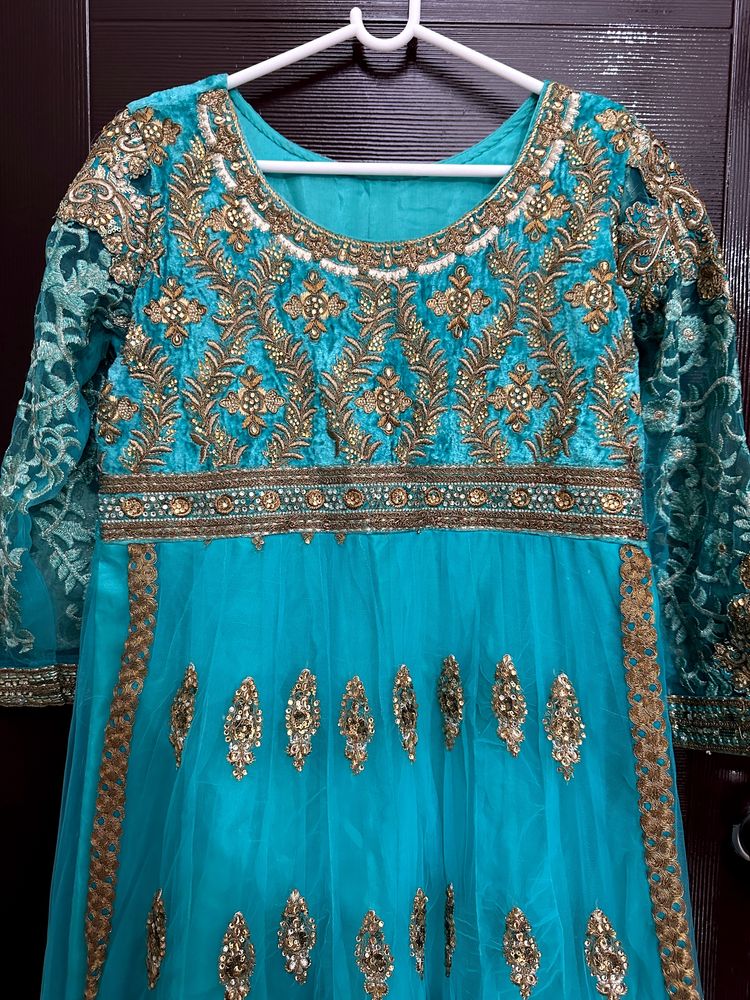 Teal &amp; Gold Embroidered Anarkali
